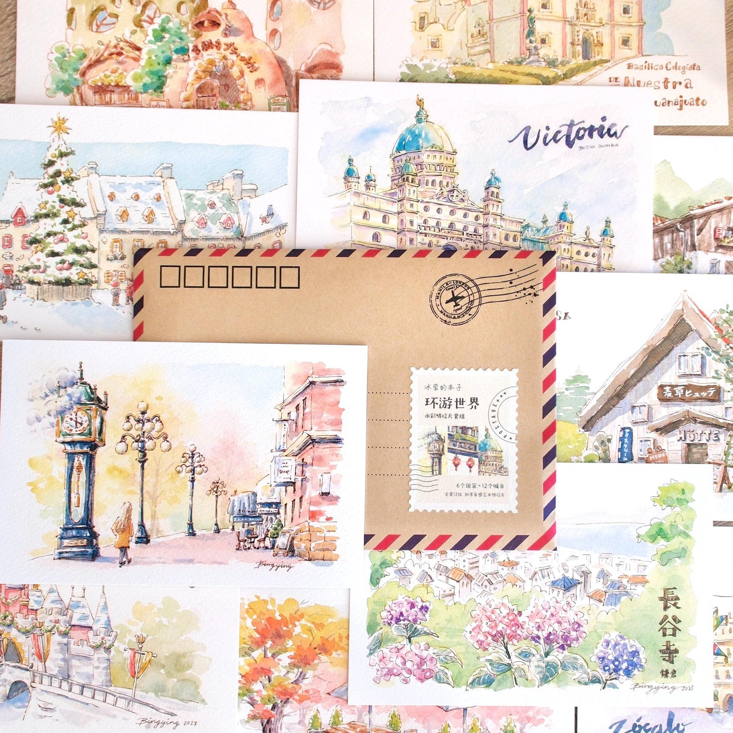 World Travel: Set of 12 Watercolor Postcard Prints