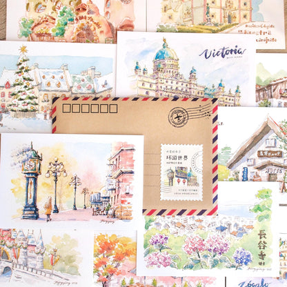 World Travel: Set of 12 Watercolor Postcard Prints