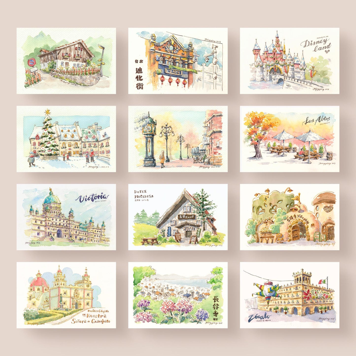World Travel: Set of 12 Watercolor Postcard Prints