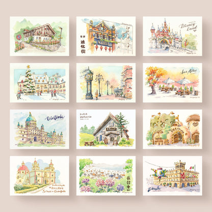World Travel: Set of 12 Watercolor Postcard Prints