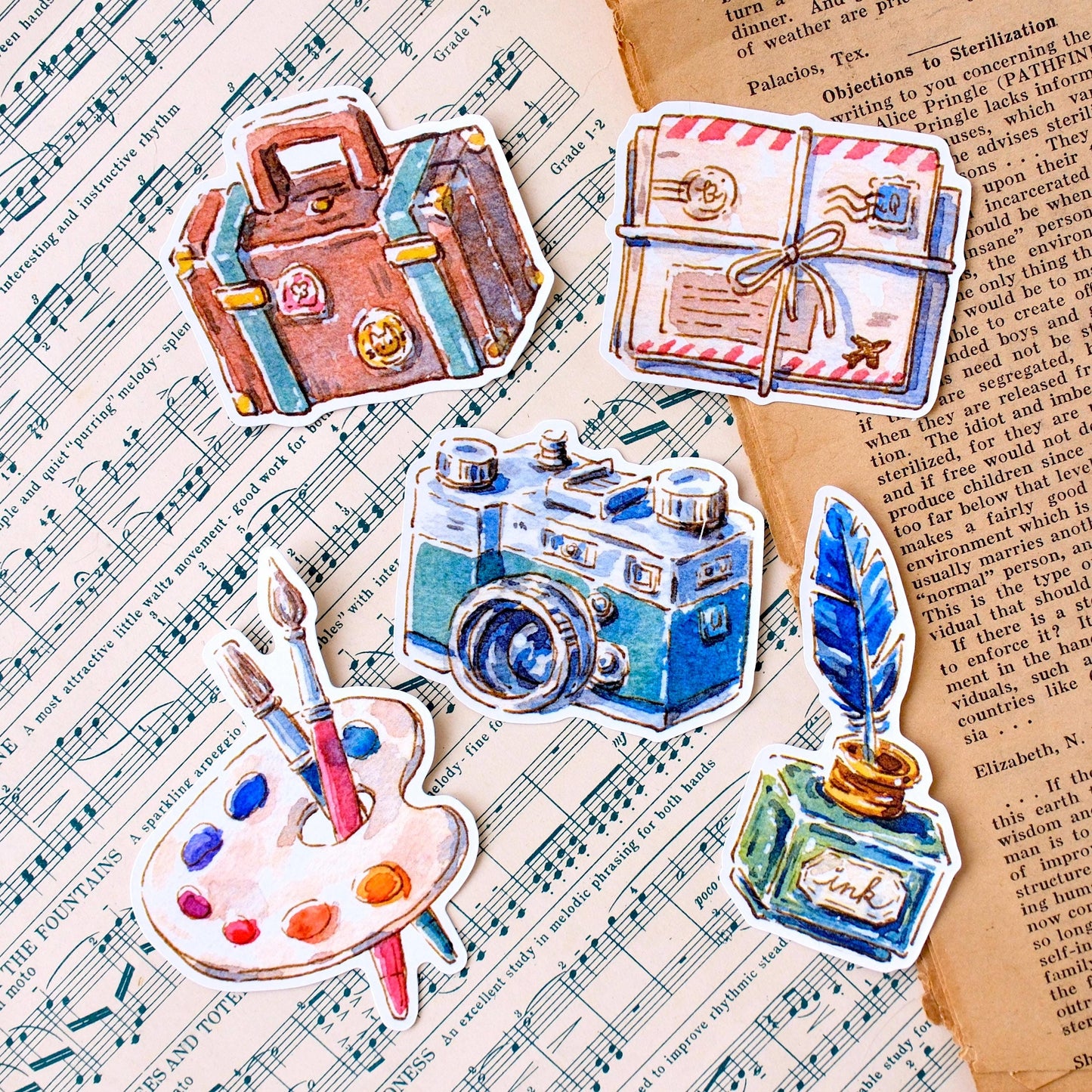Set of 5 Vinyl Stickers: Vintage Stationery & Travel Collection