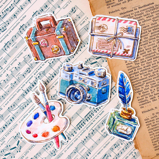 Set of 5 Vinyl Stickers: Vintage Stationery & Travel Collection